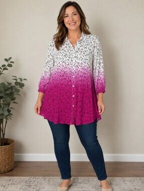 Umgee Pink Ombre Floral Button-Up Boho Blouse Size Large